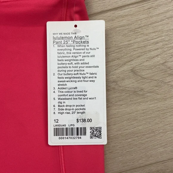 BNWT Lululemon size 12 align 25” cropped legging with pockets in a coral color - Picture 2 of 6